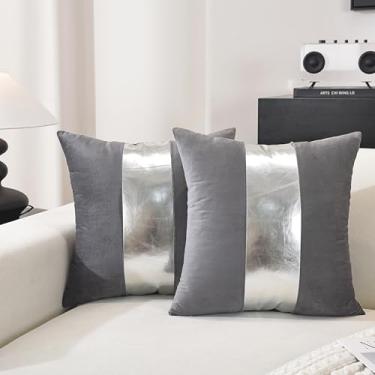 Imagem de TAOSON Pacote com 2 capas de almofada decorativas de veludo cinza escuro patchwork com couro listrado prata 50 × 50 cm capas de almofada decoração sala de estar sofá quarto carro apenas capa sem