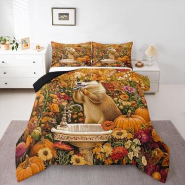 Imagem de Erosebridal Jogo de cama solteiro Meerkat, colheita de outono, laranja, abóbora, outono, flores, jardim, edredom para quarto de crianças, adolescentes e adultos
