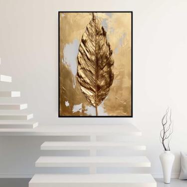 Imagem de Quadros Decorativos com Moldura Folhas Gold Abstrato Sala Quarto Kit Conjunto 2