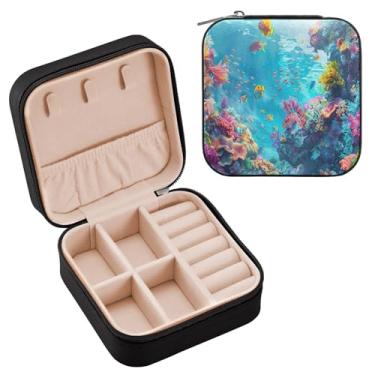 Imagem de YETTASBIN Caixa de joias Underwater World para adolescentes, meninas, mulheres, presente de aniversário, Natal, caixa de armazenamento portátil de couro PU, mini estojo de joias de viagem para colar