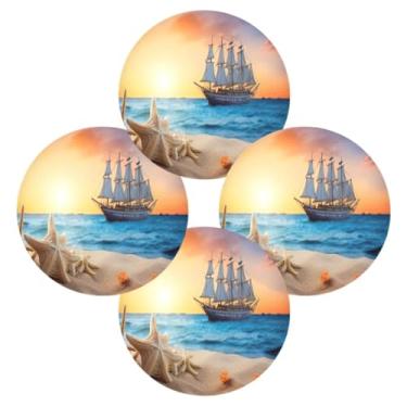 Imagem de Wassud Jogo americano conjunto de 4 tapetes de mesa redonda de barco à vela e praia para cozinha e jantar tapetes laváveis resistentes ao calor para decoração de mesa 39 cm