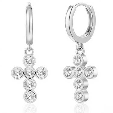 Imagem de FEEL STYLE Brincos cruzados banhados a ouro 14K banhado a ouro branco para mulheres e homens, hipoalergênicos, delicados, leves, pequenos brincos de argola, Metal, Zircônia cúbica