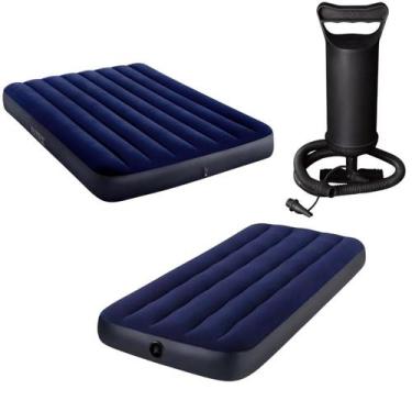 Imagem de Colchão inflável casal + solteiro intex + bomba manual - GENÉRICA, Azu