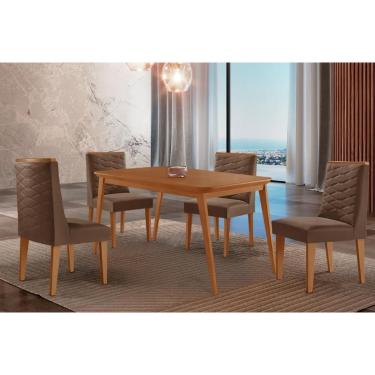 Imagem de Sala Jantar Mesa Havana Tampo Curvo 120cm+4 Cadeiras Dafne Madeira Naturale - Capuccino/Suede Marrom - Rufato