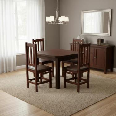 Imagem de Kit Mesa E 4 Cadeiras Com Estofado Marrom 88cm Madeira Maciça Castanho Com Estofado Marrom