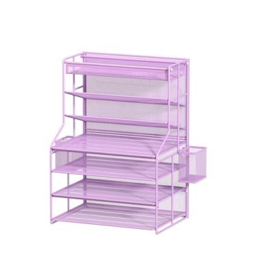 Imagem de Handimp Organizador de arquivos de mesa de 7 níveis, suporte de documentos de metal roxo com prateleiras ajustáveis, gaveta removível e suporte de caneta removível para organização de escritório