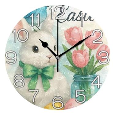 Imagem de Lindo coelhinho da Páscoa pássaro azul relógio de parede analógico quarto cozinha relógio operado por bateria silencioso, decoração de parede retrô moderna art deco, 25 cm, ponteiros dourados