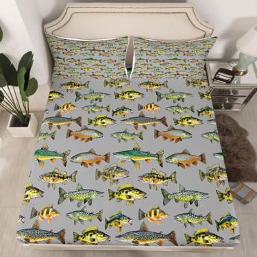 Imagem de Erosebridal Lençóis de cama solteiro, lençol com elástico, retrô, peixe-lúcio, para homens e adultos, lençol macio para quarto, lençol com elástico vintage rústico, peixes, animais e fronhas