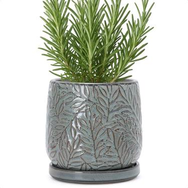 Imagem de D'vine Dev Vaso de grés de folhas em relevo de 15 cm com orifício de drenagem e pires, azul grafite, 27-A-X-9