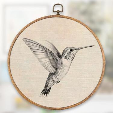 Imagem de XFN Decoração de parede redonda de beija-flor vintage, impressões de arte vintage de animais neutros, beija-flor preto e branco, decoração de pendurar na parede para quarto, sala de estar, cozinhas