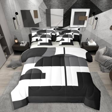Imagem de Erosebridal Jogo de cama King com estampa de listras geométricas em preto e branco e cinza, 7 peças, arte abstrata, simples, listrada, para crianças, adolescentes e adultos