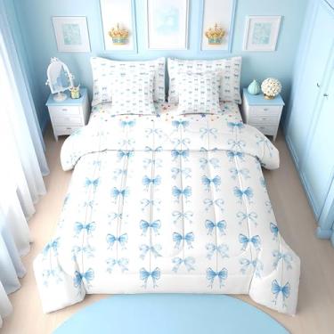 Imagem de Erosebridal Jogo de edredom solteiro com laço azul fofo para meninas | Jogo de cama de 7 peças com laço de fita azul em uma bolsa, lençol de cima com elástico kawaii com laço