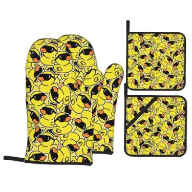 Imagem de Perinsto Patos de borracha engraçados com óculos de sol, luvas de forno e suportes de panela, conjunto de 4 peças, luvas decorativas resistentes ao calor, luvas de forno de micro-ondas para cozinha