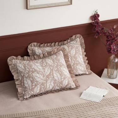 Imagem de GLORY SEASON Conjunto de 2 fronhas rústicas com estampa de folhas jacquard retrô com babados e babados decorativos vintage para decoração de quarto, capas de travesseiro marrom claro, 50 x 66 cm