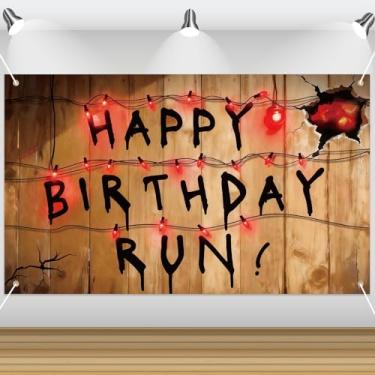 Imagem de Happy Birthday Run Fundo, 183x110cm Assustador Rústico Misterioso Alfabeto Fundo Fotográfico Lâmpadas Retrô Banner de Parede Decoração para Crianças Aniversário Halloween Suprimentos de Festa