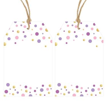 Imagem de Anwyll Etiquetas de presente com cordão - 100 peças de confetes de ouro roxo com bolinhas etiquetas de saco de presente personalizadas branco branco pendurado etiqueta de papel para festa de