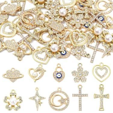 Imagem de MakemadeDIY Pingentes sortidos de strass de cristal para fabricação de joias, formas mistas, brilhantes, coração, flor, cruz, pingentes dourados para pulseiras, colares, brincos, chaveiros e