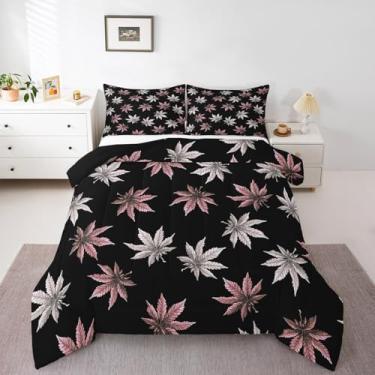 Imagem de Erosebridal Conjunto de edredom queen com folhas de maconha rosa, folhas de cannabis, maconha para crianças, meninos, meninas, tropical, botânico, edredom de plumas exóticas, macio de luxo