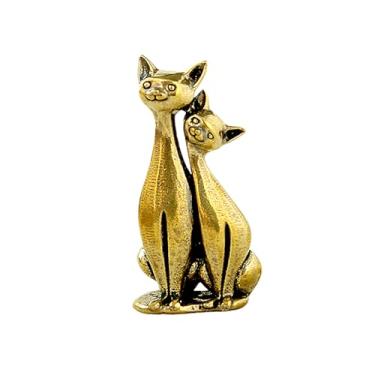 Imagem de SAINWORDS Estátua de gato amoroso, estatueta familiar, metal, cobre, latão, portátil, tamanho mini, escultura, decoração de casa, mesa de escritório, decoração de mesa, ornamento de painel de carro (E