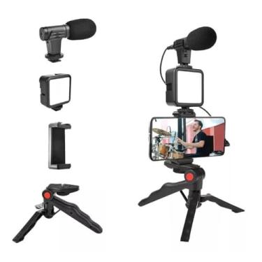Imagem de Suporte para Celular com Tripé, Luz LED 49 LEDs, Microfone Condensador, Streaming e Podcast, Compatível 4.7-6.5 Polegadas, 270g