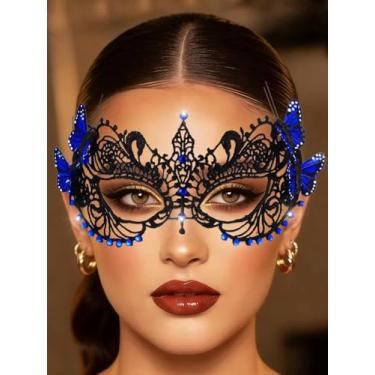 Imagem de Obmyec Máscara feminina de renda com borboleta, preta, máscara de Halloween, máscara de baile de máscaras, máscaras de carnaval para bailes de formatura, Azul, tamanho �nico