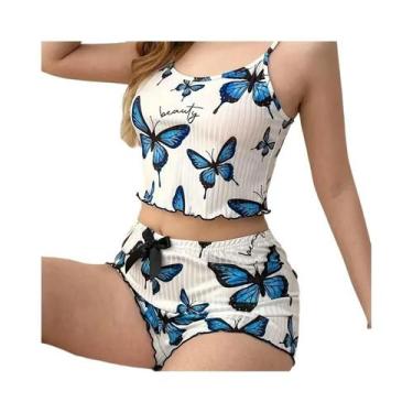 Imagem de Conjunto de pijama feminino de seda gelada de verão com estampa de bor