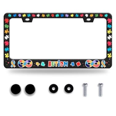 Imagem de Placa de licença de conscientização do autismo moldura quebra-cabeça fita suporte de placa de licença personalizado carro engraçado acessórios de aço inoxidável decoração de carros com 2 furos e