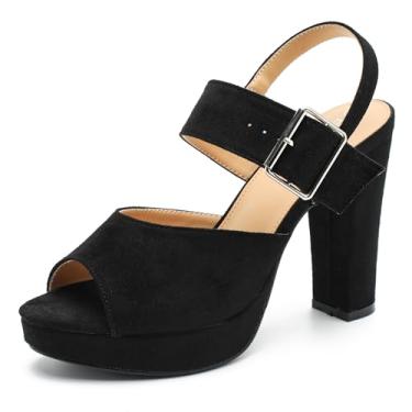 Imagem de Enelauge Sandália feminina plataforma de salto alto grossa peep toe tira no tornozelo fivela salto bloco vestido noiva casamento festa noite sapatos, Camurça preta, 39