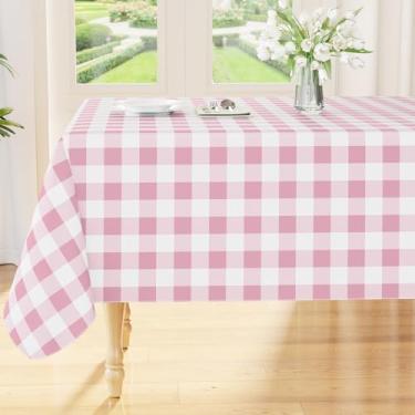 Imagem de Smiry Toalha de mesa retangular, toalha de mesa de vinil impermeável com forro de flanela, capa de mesa xadrez de búfalo limpa para jantar, interior e exterior (rosa e branco, 152 x 304,8 cm)