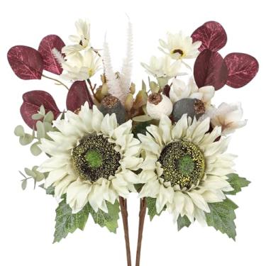 Imagem de Oairse Hastes florais de outono, 2 feixes de girassóis brancos, flores artificiais, 34,8 cm, buquê de flores falsas de seda, hastes florais falsas, centros de mesa de girassol para mesas, casamento