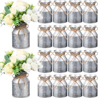 Imagem de Domensi Vaso de flores de metal para casa de fazenda, 16 peças, 14 cm, rústico, galvanizado, jarro de leite, com balde de flores em arco para mesa, centro de mesa, Natal, Dia dos Namorados, casamento