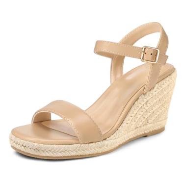 Imagem de mysoft Sandálias femininas plataforma quadrada bico aberto tira no tornozelo fivela casual verão elegante sandálias, Nude PU, 37