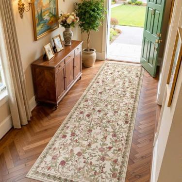 Imagem de jinchan Eden Tapete floral lavável, tapete de entrada 7,5 x 25,4 cm, vintage, leve, macio, antiderrapante, para uso interno, vermelho, verde, desgastado, para cozinha, corredor, quarto, entrada, sala