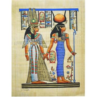 Imagem de Papiro Egípcio Autêntico Original Pintado à Mão Papel de Pintura Faraó Antiga Cleópatra Bengala Ankh Cartouche Horus Hieroglífico Pergaminho História Faraós Papiro Hieróglifos (16" x 12" / 40 x 30 cm)