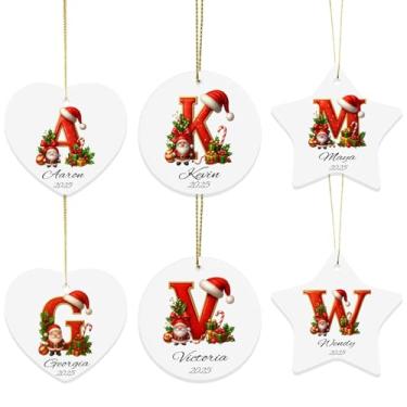 Imagem de 6 peças de enfeites de Natal personalizados de dupla face - conjunto de enfeites de foto personalizada e letra inicial 2025 - Presentes de lembrança de nome para meia e decoração de árvore