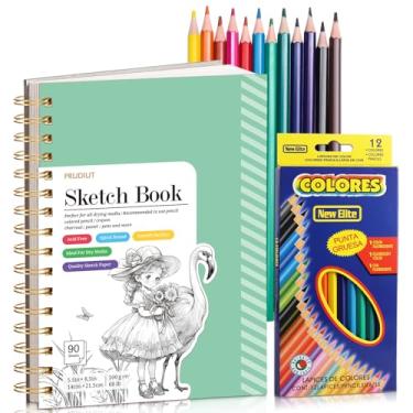 Imagem de Caderno de esboço com conjunto de 12 lápis de cor, caderno de esboço espiral de 90 folhas para desenho (30,8 kg/100 gsm), bloco de esboço sem ácido para artista, materiais de desenho de papel de arte