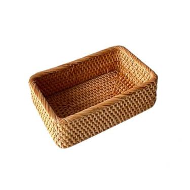 Imagem de Cesta de armazenamento de mesa de vime tecida à mão, quadrada pequena com bordas grossas, tamanho 20 x 13 x 8 cm