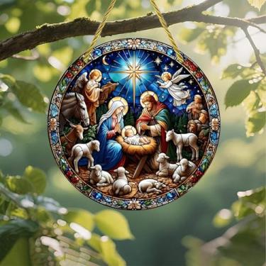 Imagem de Acrílico colorido Suncatcher, presépio de vitral, janela suspensa de 18 cm, decoração de parede com design de vitral impresso, ideia de presente e ornamento de jardim, uso interno e externo