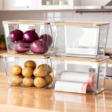 Imagem de Dispensador de saco de lixo, embaixo da pia para cozinha, armário, lavanderia, organizador e armazenamento de despensa, perfeito para armazenar batatas, cebolas, frutas (transparente, pacote com 4)