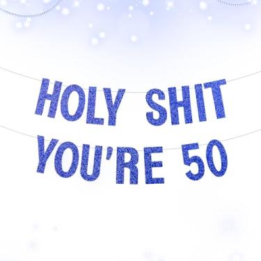 Imagem de Decorações engraçadas de aniversário de 50 anos para homens e mulheres, faixa grande pré-amarrada rude Holy Shit You're Old Banner, suprimentos de festa de aniversário de marco com glitter, cartolina