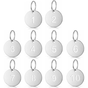 Imagem de 10 etiquetas numéricas de metal com anéis de aço inoxidável 1 a 10 etiquetas de chave numeradas redondas números de verificação para armários de casa etiquetas de identificação