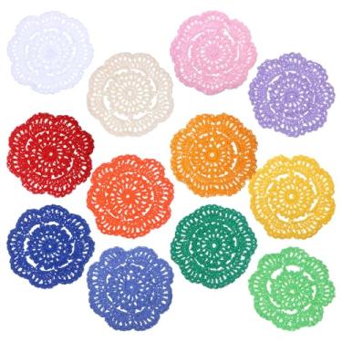 Imagem de 12 peças de toalhas de crochê de 10 cm para mesas, porta-copos de crochê colorido feito à mão de algodão, porta-copos redondos com padrões florais, porta-copos de flores pequenas de pano vintage, jogo