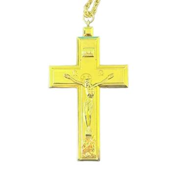 Imagem de RZRHMUHN Pingente de crucifixo católico de ouro, liga de zinco, banhado a ouro, colar de cruz cristã com corrente ajustável, joia religiosa, presente para padre
