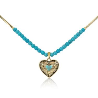 Imagem de Montana West Colar Wrangler com pingente de coração turquesa banhado a ouro ocidental cowgirl cowboy joia clássica moderna, Cobre, Turquesa