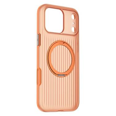 Imagem de HUHUCASE Capa para iPhone 17 Pro Max, suporte magnético giratório de 360°, capa protetora semitransparente sensível à queda listrada 3D (iPhone17promax, laranja)