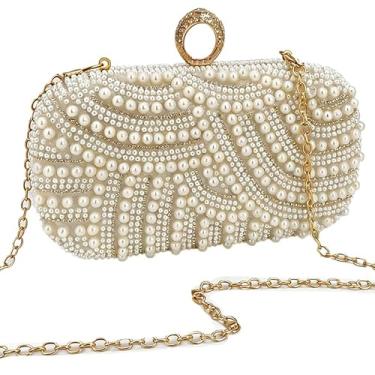 Imagem de Auuvynx Bolsa clutch feminina de pérola para festa, bolsa de mão para noite - elegante bolsa transversal para festas e eventos formais (bege)