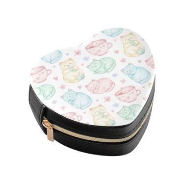 Imagem de Burbuja Caixa de joias em forma de coração de gatos, mini estojo de viagem para mulheres e meninas, estojo portátil organizador de armazenamento para brincos, anéis, colares e pulseiras