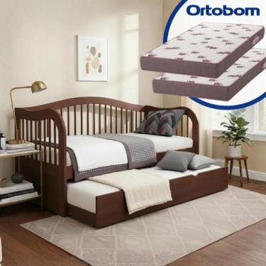 Imagem de Bicama Solteiro Rubi em Madeira Maciça Castanho com 2 Colchões Ortobom