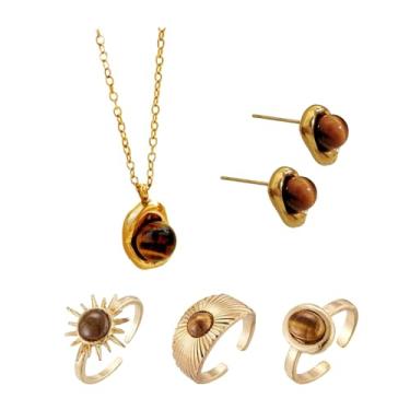 Imagem de Wklidu Conjunto de 5 peças de brincos e colar de pedra olho de tigre dourado para mulheres, brincos marrons, anéis abertos ajustáveis vintage acessórios de joias de festa de formatura