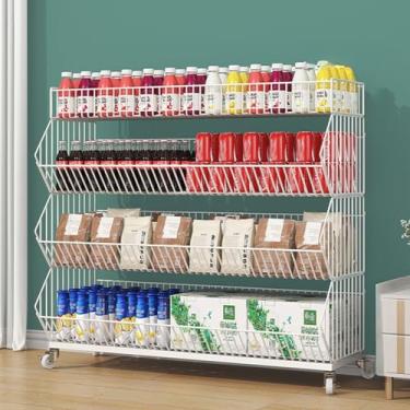 Imagem de Cestas empilháveis de armazenamento de arame grandes com rodas – suporte de exibição de lanche de 4 níveis, organizador móvel de prateleira de supermercado para batatas fritas, frutas, legumes e doces
